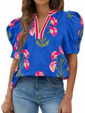 Women's Blouses Casual Blue V Neck Color Block Tops Loose Fit Boho Floral